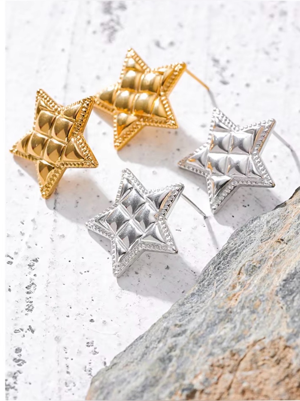 Gold and Silver Star Stainless Steel Stud Earrings - Women's Fashion Jewelry
